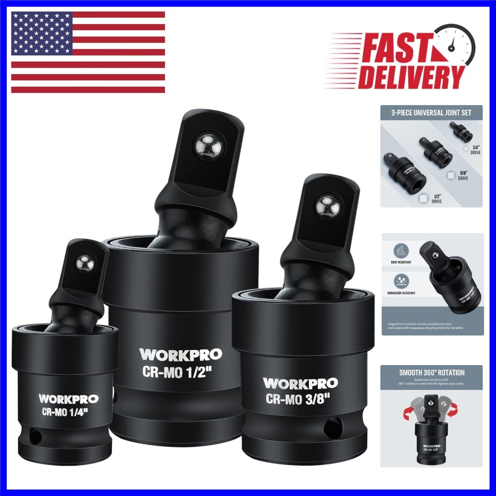 3-Piece Impact Universal Joint Set - Durable 360-Degree Swivel Socket Set