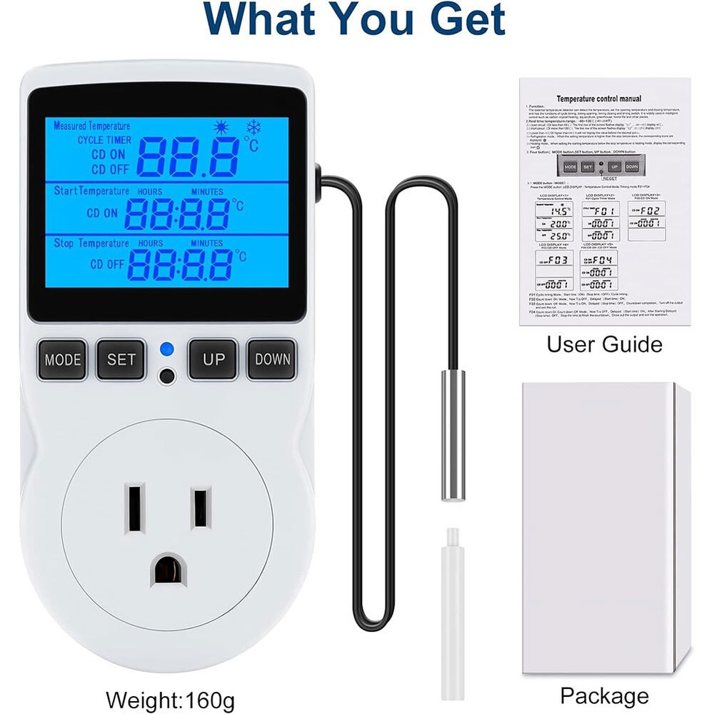 Digital Thermostat Outlet Plug Temperature Controller Heating Cooling with Probe