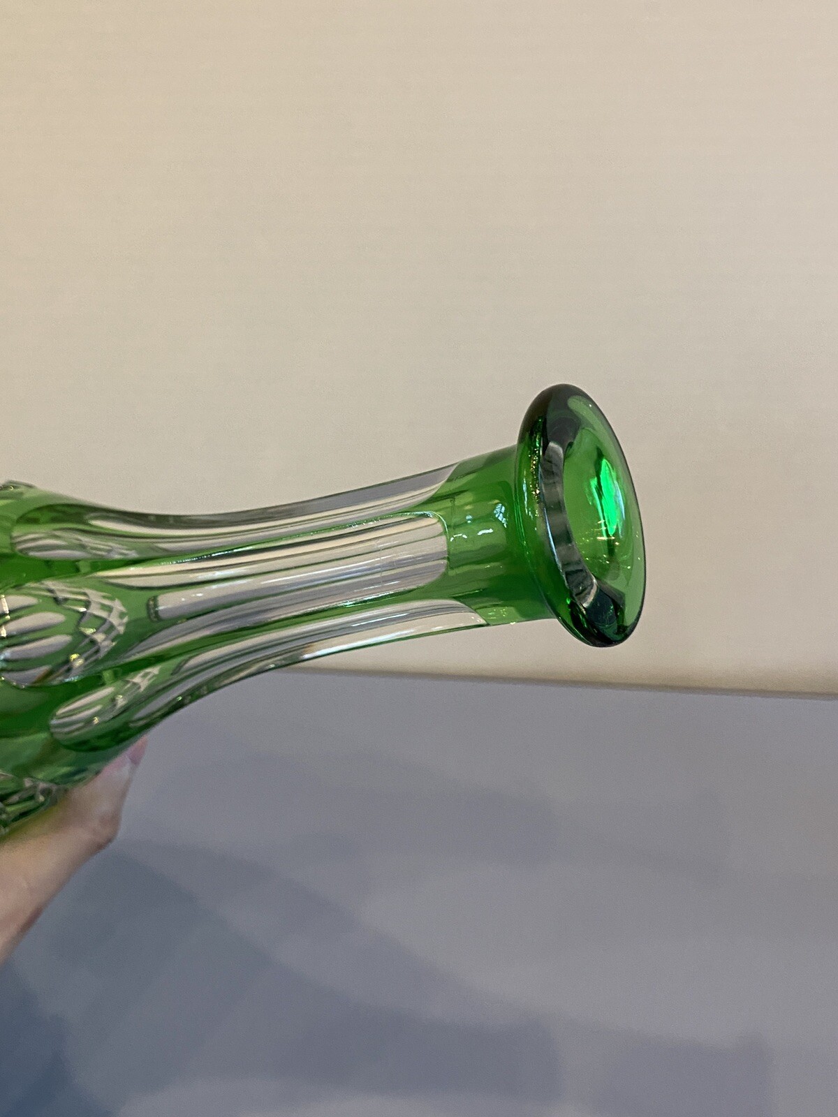 STUNNING VTG Emerald Green Cut To Clear Crystal Decanter W/Stopper 15.25"H