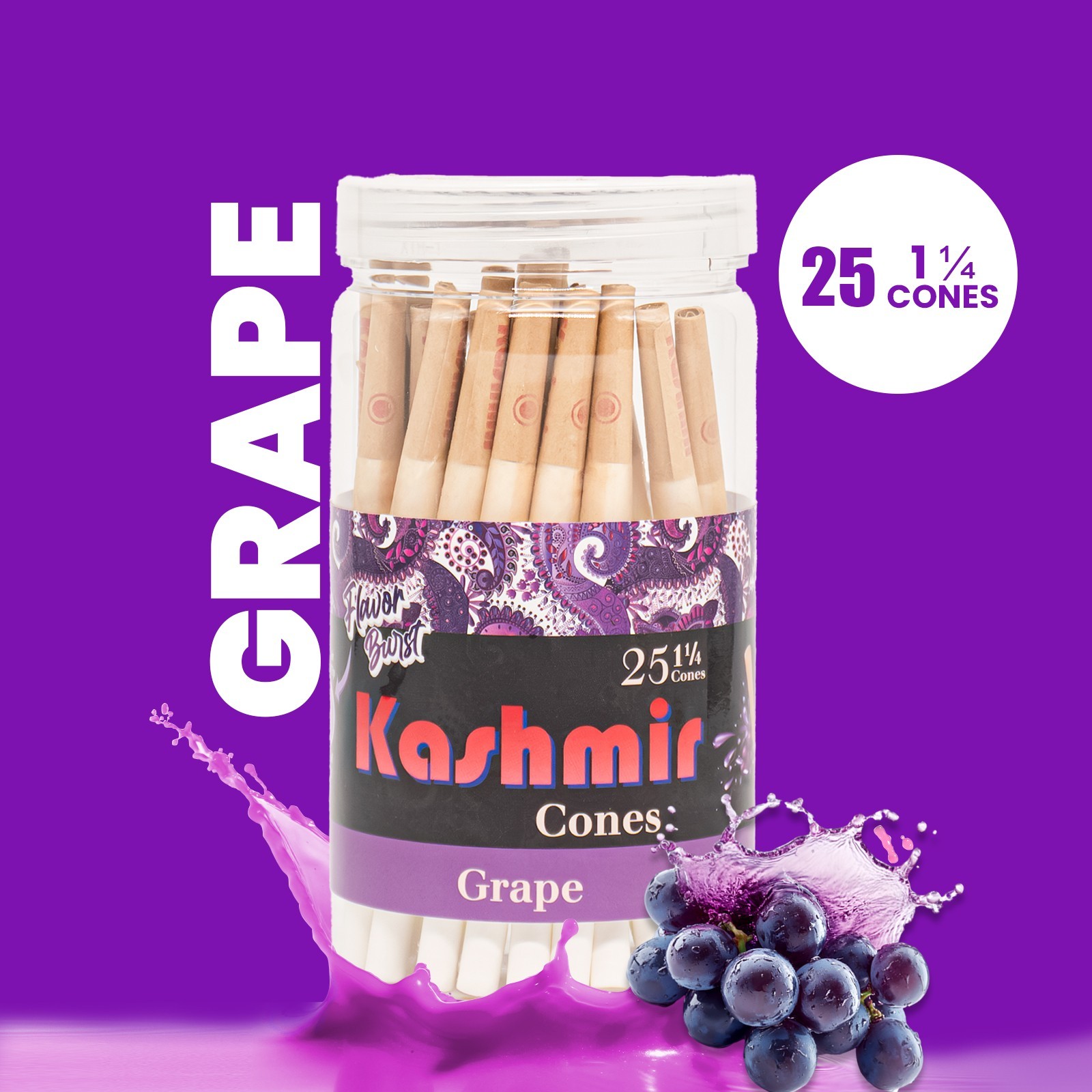 Kashmir Pre Rolled Cones Flavored 1 1/4 Grape Rolling Papers Cone 25 Count Jar
