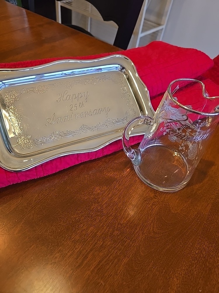 25th Vintage Silver Plated Serving Tray Crystal Pitcher With Silver Plated Trim