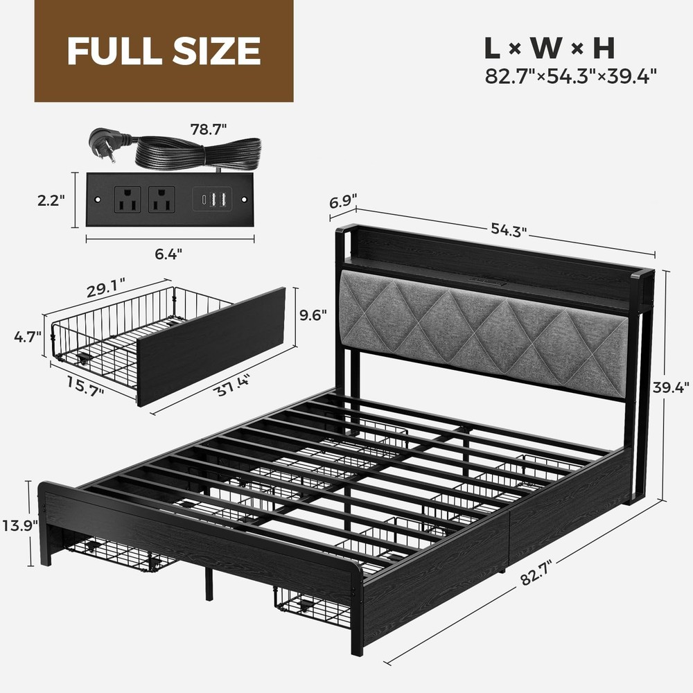 Bed Frame Full Size with Charging Station and Lights, Upholstered Storage Hea...