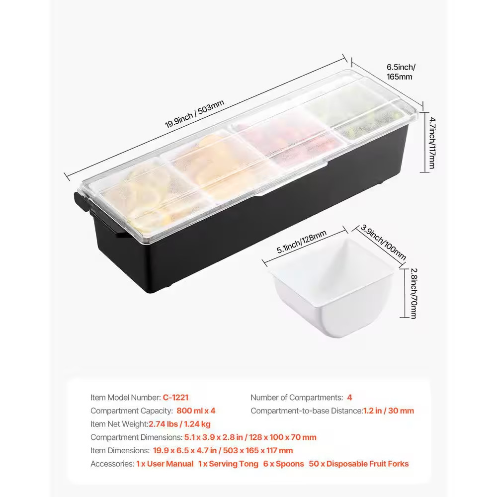 Chilled Condiment Server, 4 Compartment Ice Cooled Condiment Serving Container,