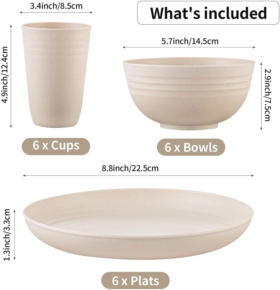 18PCS Wheat Straw Dinnerware Sets, Unbreakable Set Beige