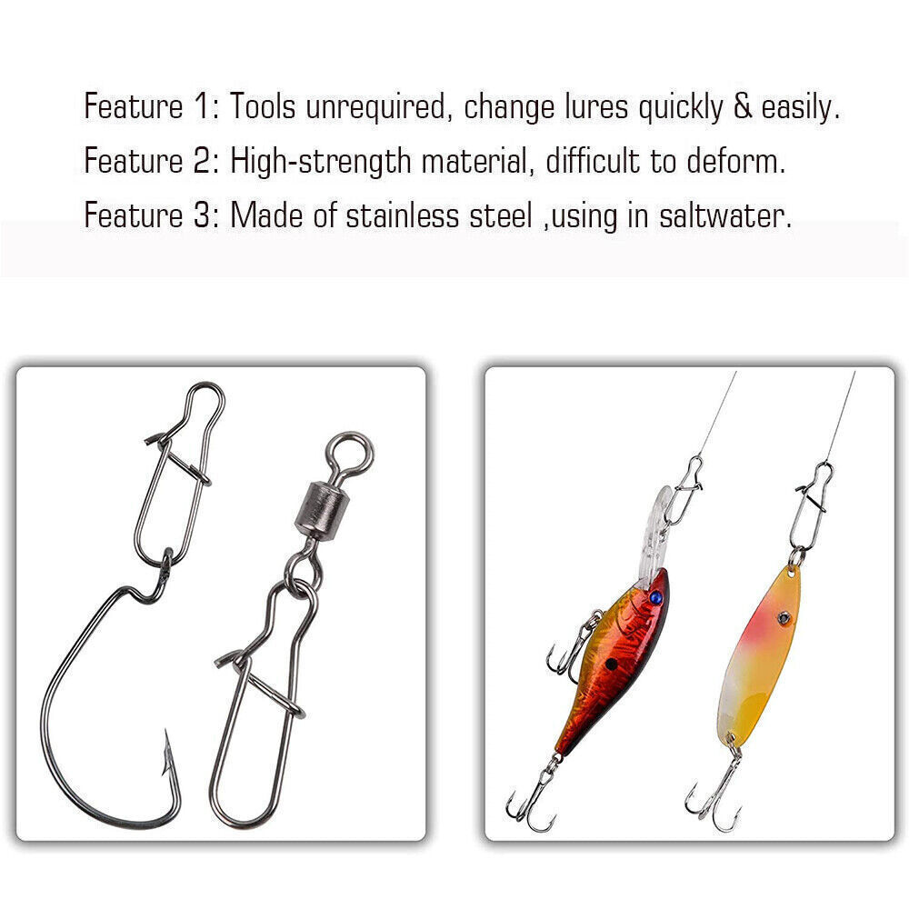 100PCS Fishing Snaps Fastlock Clips Lures Barrel Swivels 00#-6# Stainless Steel