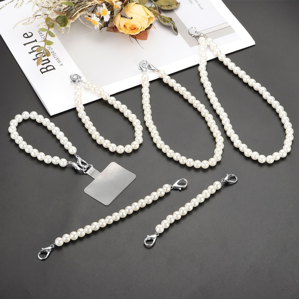 2Pcs Phone Wrist Strap 6" Cellphone Pearl Chain with Tether Tabs & Silver Clasp