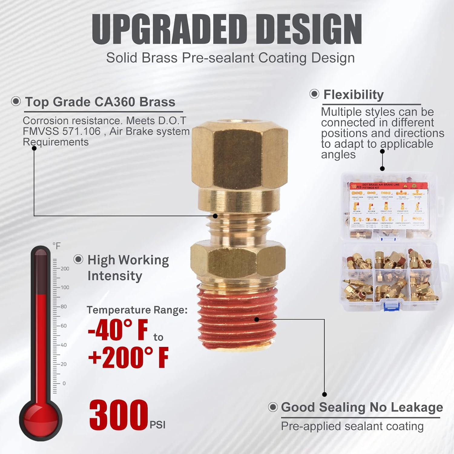 100Pcs Brass DOT Air Brake Line Fittings Kit, 1/4" 3/8" 1/2" Compression Air Nyl