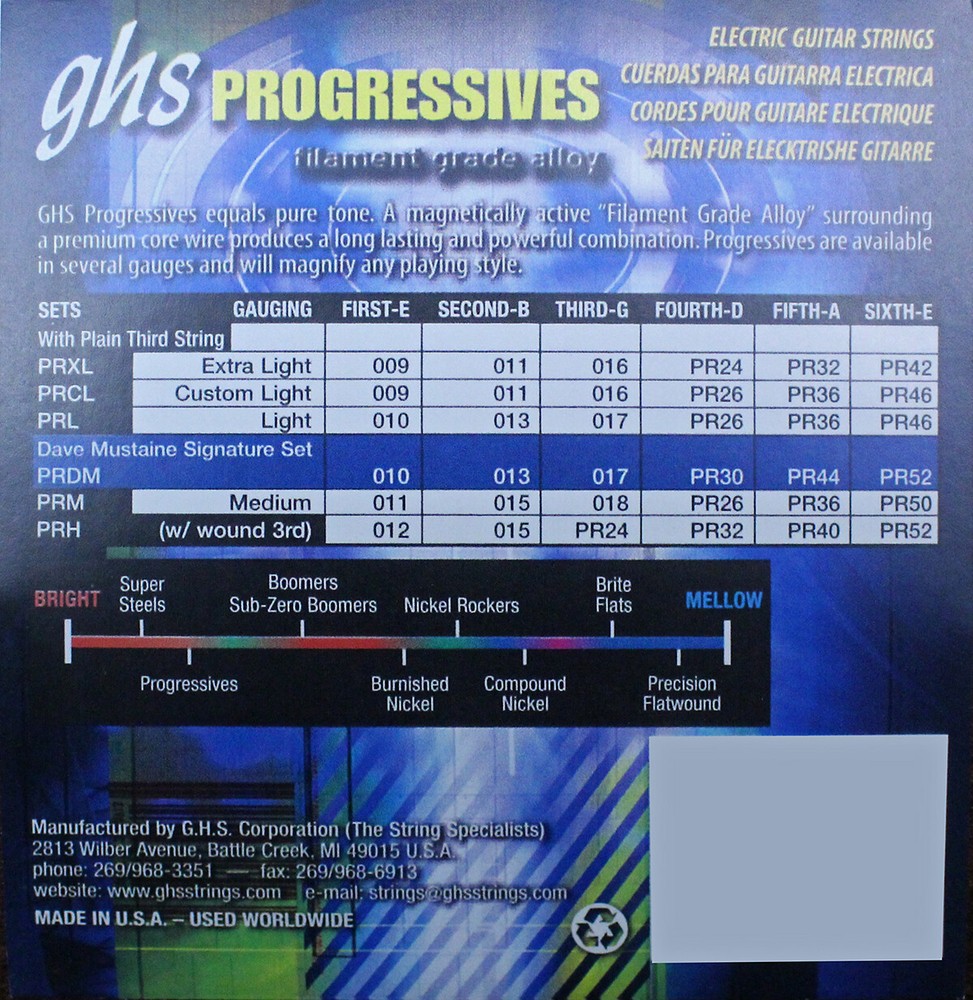 GHS PRCL Progressives Electric Guitar Strings; gauges 9-46