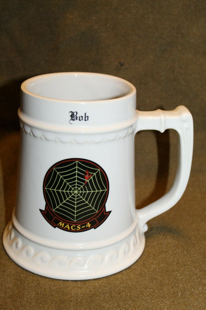 Scarce Original WW2 U.S. Marine Corps "MACS-4" White Ceramic Mug, Named