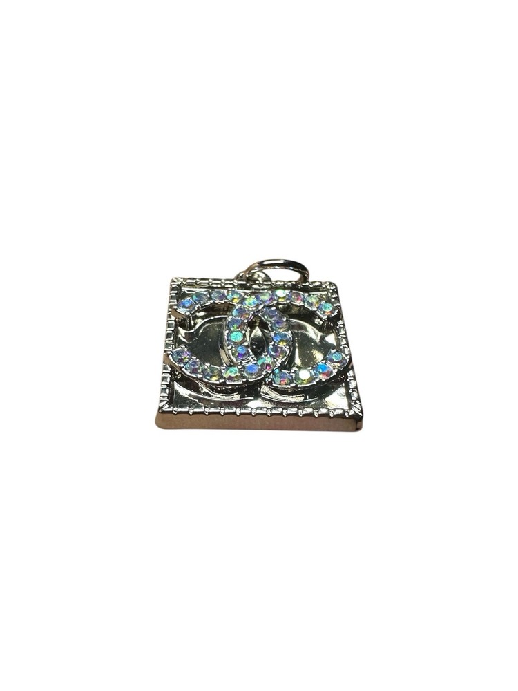 Chanel Silver Square Zipper Pull Charm with Iridescent Stone Logo
