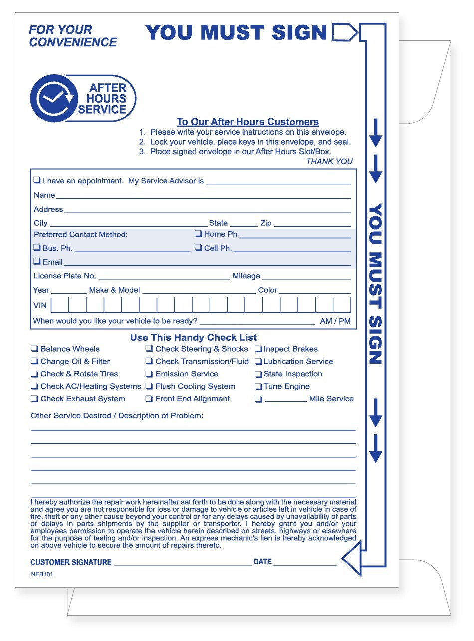 Automotive Night Drop Envelopes 6" x 9" Service Departments (Package of 500)