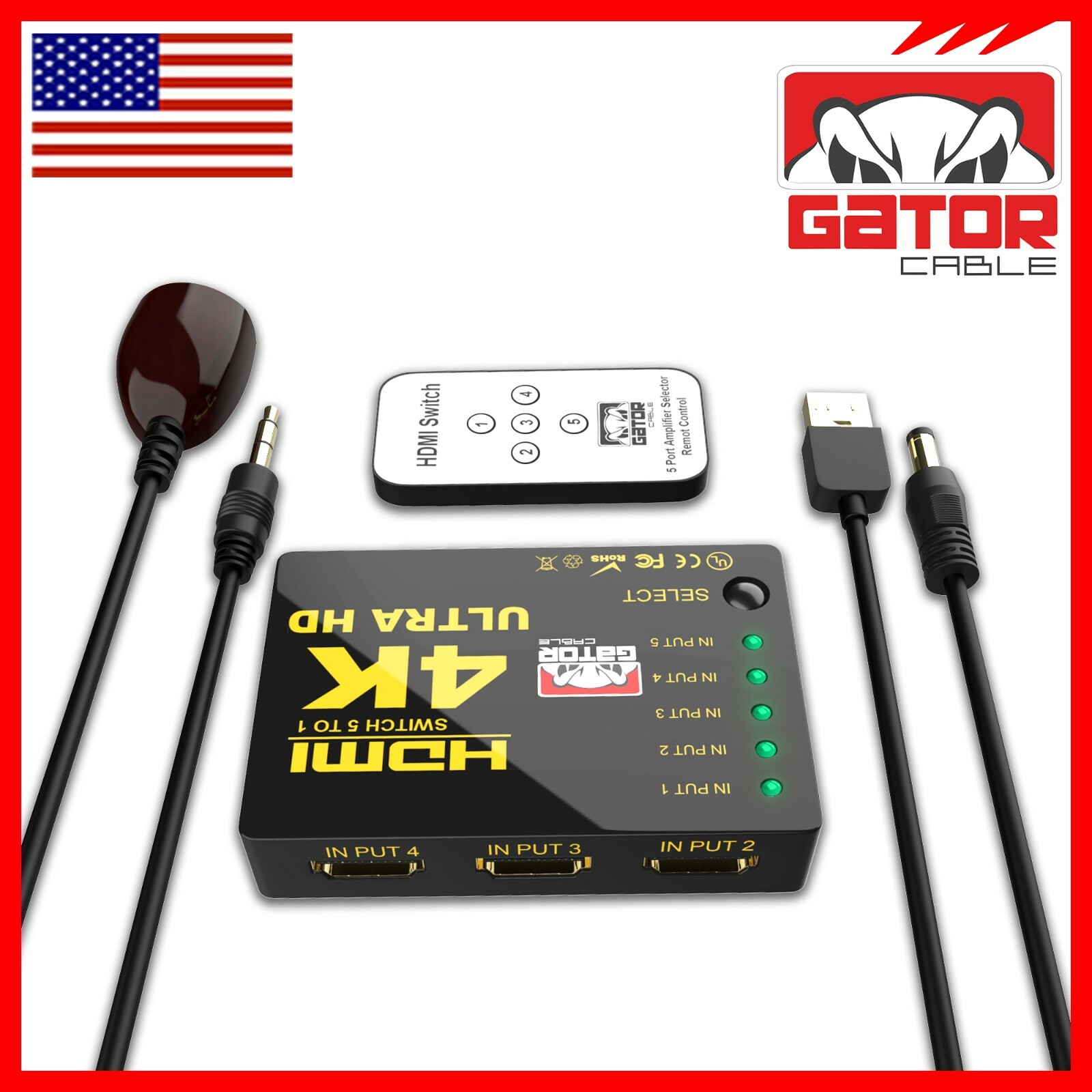 4K HDMI 2.0 Cable Splitter Switcher Box Hub IR Remote Control 5X1 Power 5 to 1