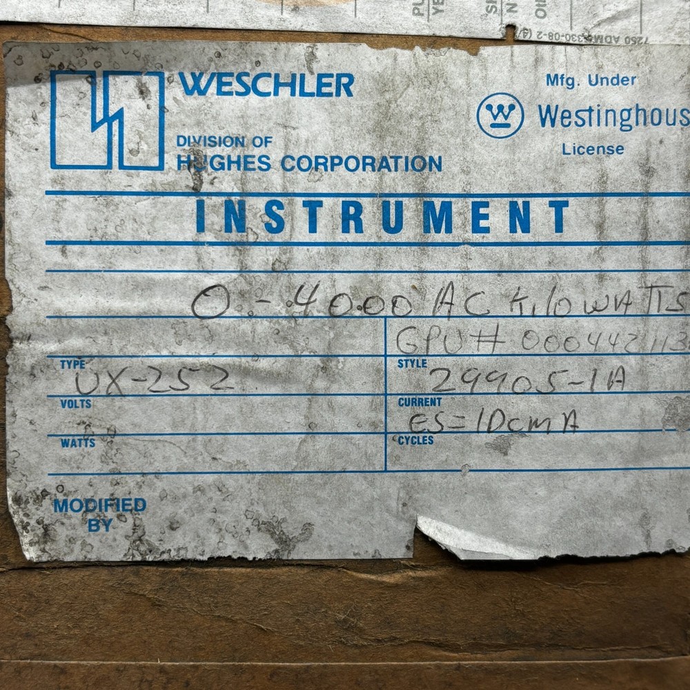 Weschler Instruments VX-252 Vertical Mounted Panel Meter 0-4000 RPM Scale ⭐