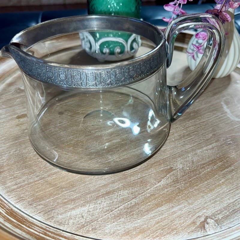 Vintage Clear Glass Pitcher with Ornate Silver Rim