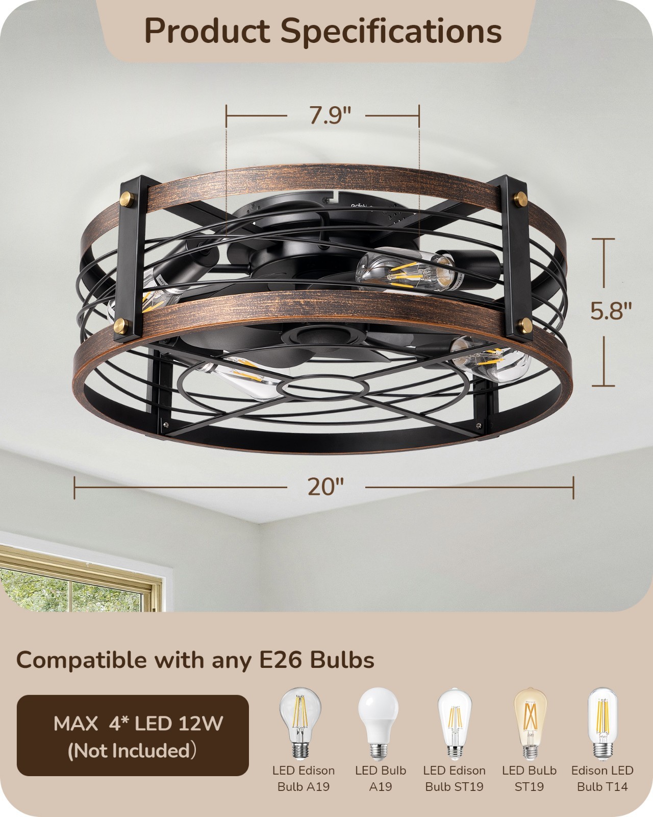 EDISHINE Pre-Assembled Ceiling Fan with Light & Remote 21" Flush Mount Farmhouse