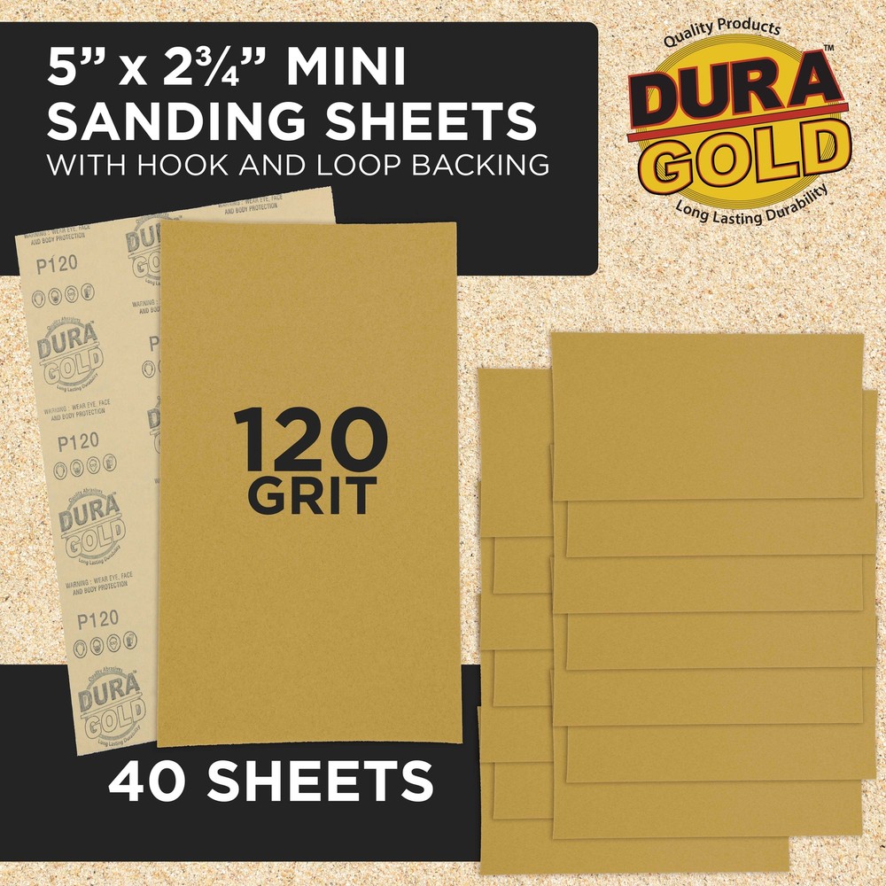 5" x 2.75" Sandpaper Sheets, 120 Grit - 40 Hook & Loop Sheets - Hand Sanding