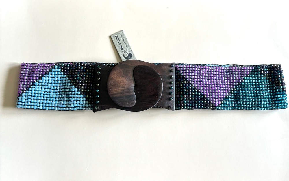Hand loomed glass bead belt wood scroll triangles