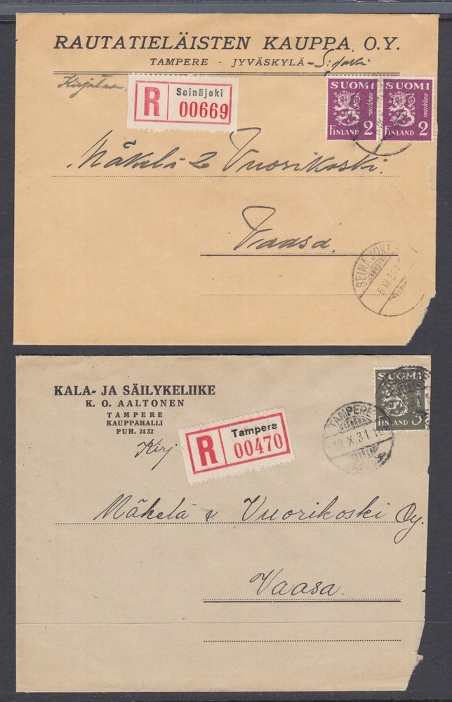 Finland Sc 169, 172, 175 on 6 diff REGISTERED covers, 1931-35 usage