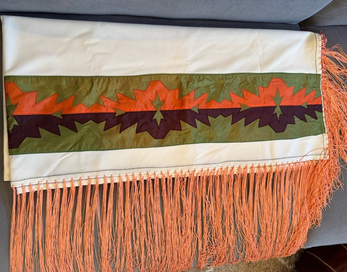 Native American Dance Shawl Knotted Fringe Orange,Brown,Green Ribbon 60x61
