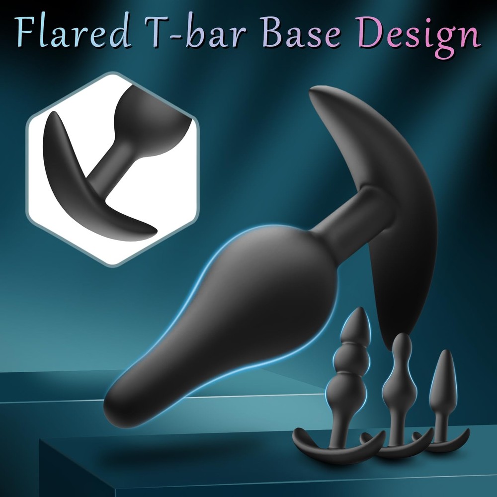4PCS Silicone Anal Butt Plug Set, Beginner to Advanced, Trainer Kit with Flar...