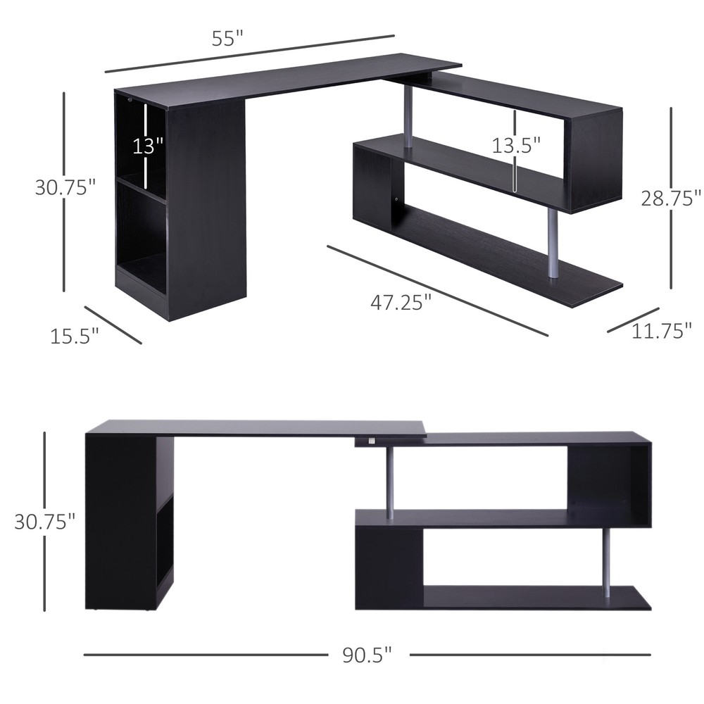 Rotating Corner Table Shelf Combo L-Shaped I-Shape Home Office, Black