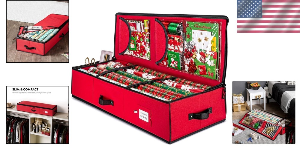 Space-Saving 600D Oxford Gift Wrap Organizer with Clear Pockets - Red/Black