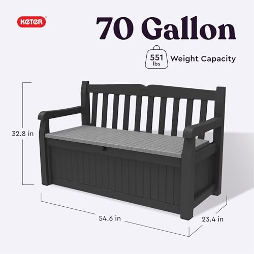 Solana 70 Gallon Storage Bench Deck Box for Patio Storage, Front Graphite