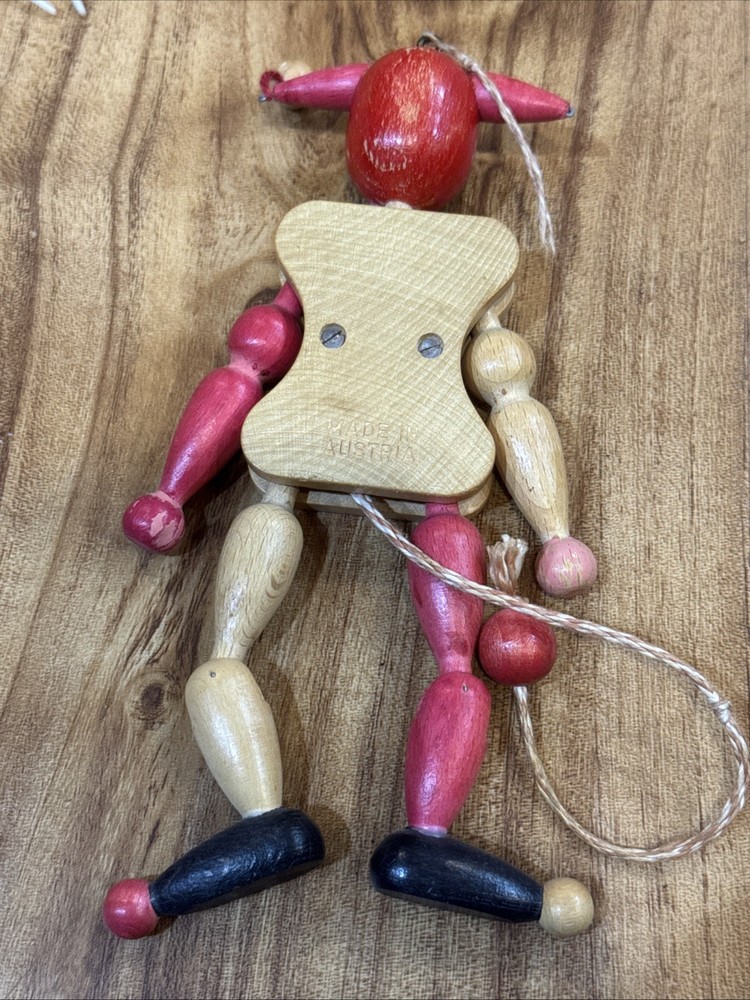 Vintage M. Gschnitzer Austrian Wooden Pull String Jointed Jester Clown Puppet