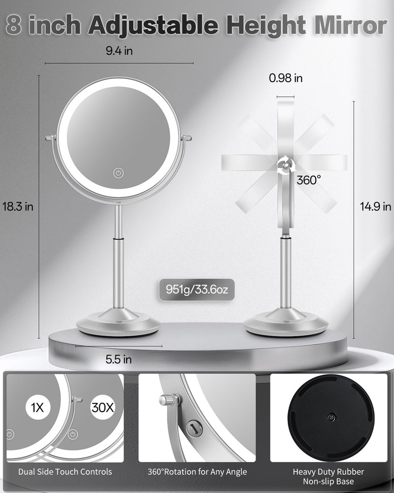 30X/1X Makeup Mirror with Lights, Height Adjustable Lighted Magnifying Vanity...