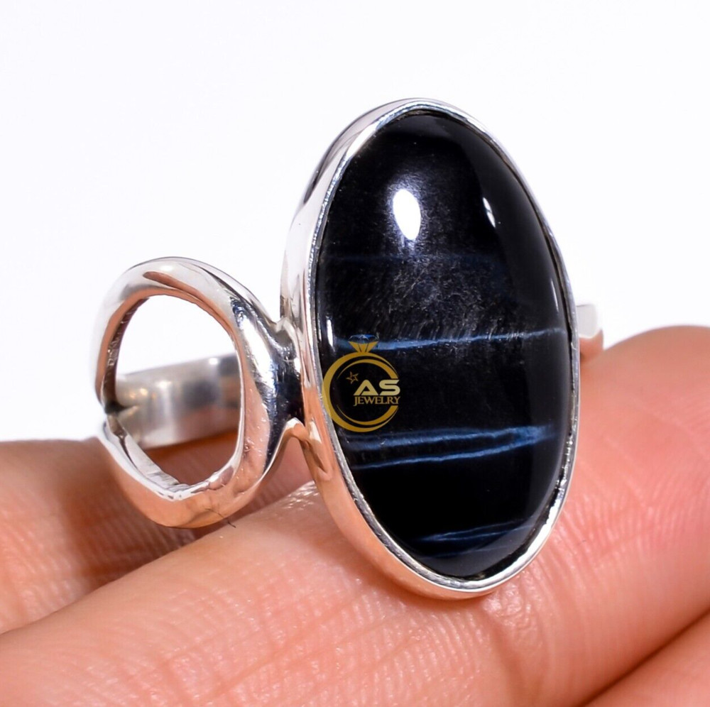 Dark Blue Tiger Eye Ring Solid 925 Sterling Silver Statement Rings Gift for Her