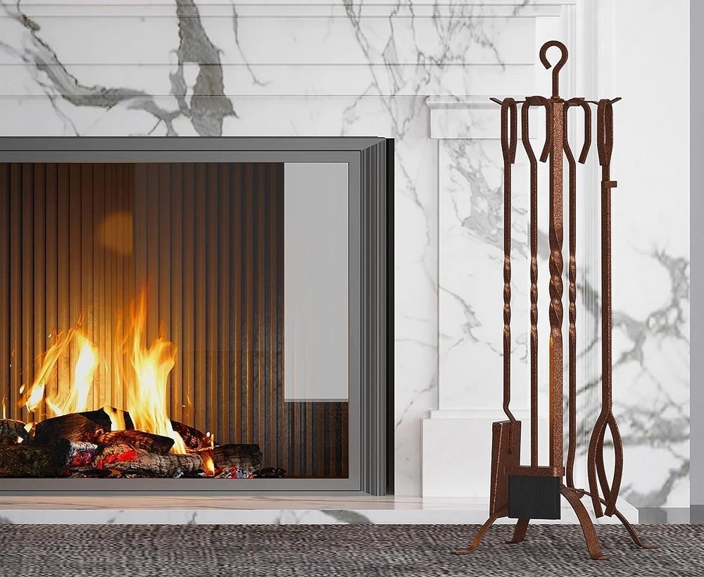 5-Piece Rustic Fireplace Tool Set in Antique Bronze - Elegant & Functional Decor