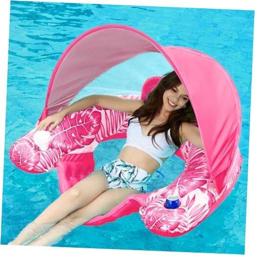 Pool Float with Canopy - Inflatable Pool Floaties Adult Floating Large Rose