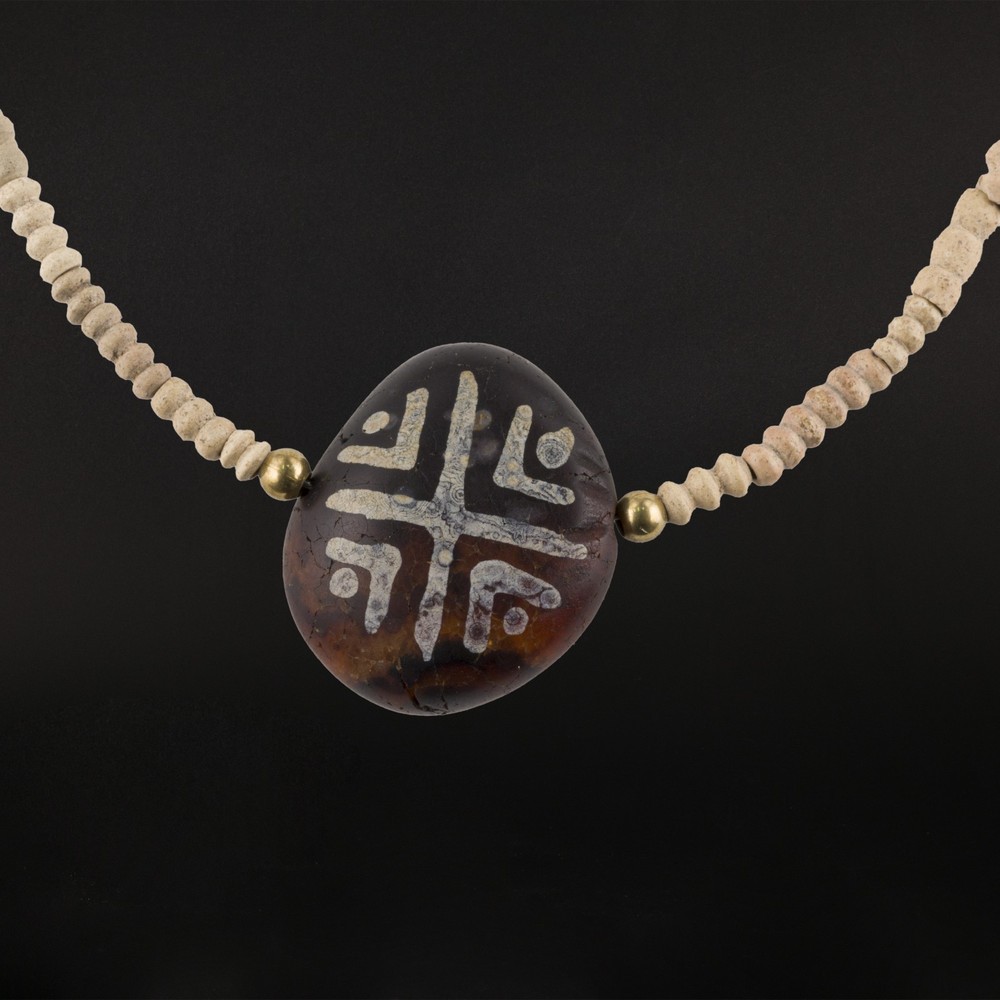 Near Eastern Painted Agate Bead String With Faience Old Beads Necklace