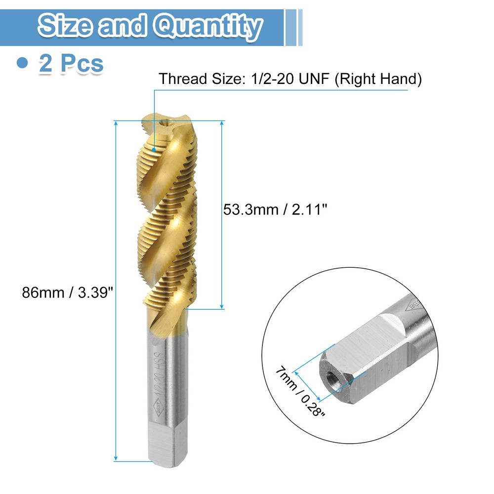 2pack Spiral Flute Thread Taps 1/2-20 UNF Titanium Coated Screw Threading