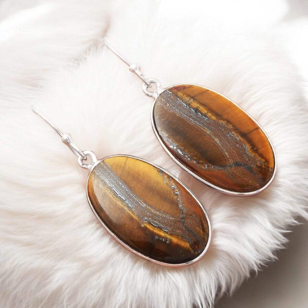 Tiger Eye Solid 925 Sterling Silver Earrings