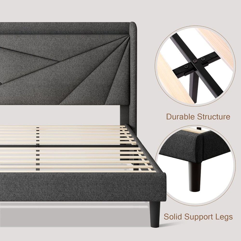Einhomn Queen Bed Frame with Headboard, Upholstered Platform Bed Frame with Char