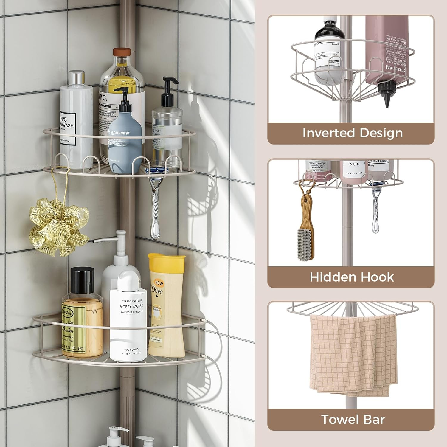 Corner Shower Caddy Tension Pole, 4 Tier Adjustable Bathroom Organizer Shelves,