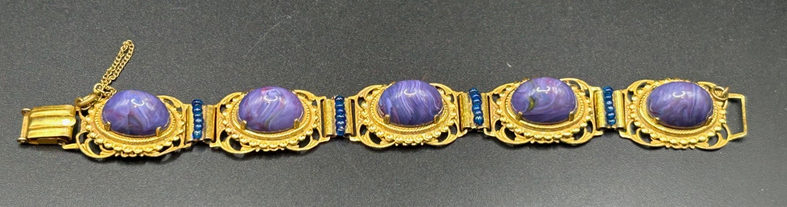 VINTAGE MIRIAM HASKELL PURPLE STONE BRACELET COBALT ACCENT GOLD TONE  - SIGNED