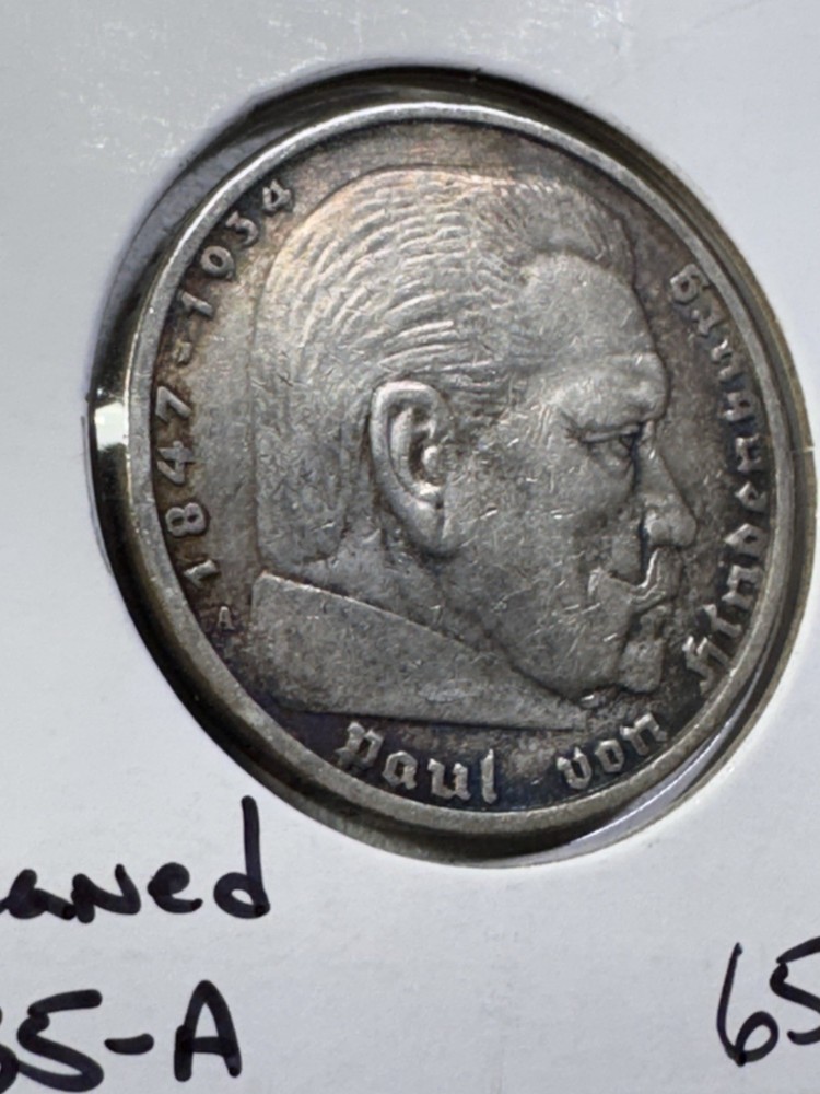 1935-A Germany 5 Marks Silver Coin Cleaned
