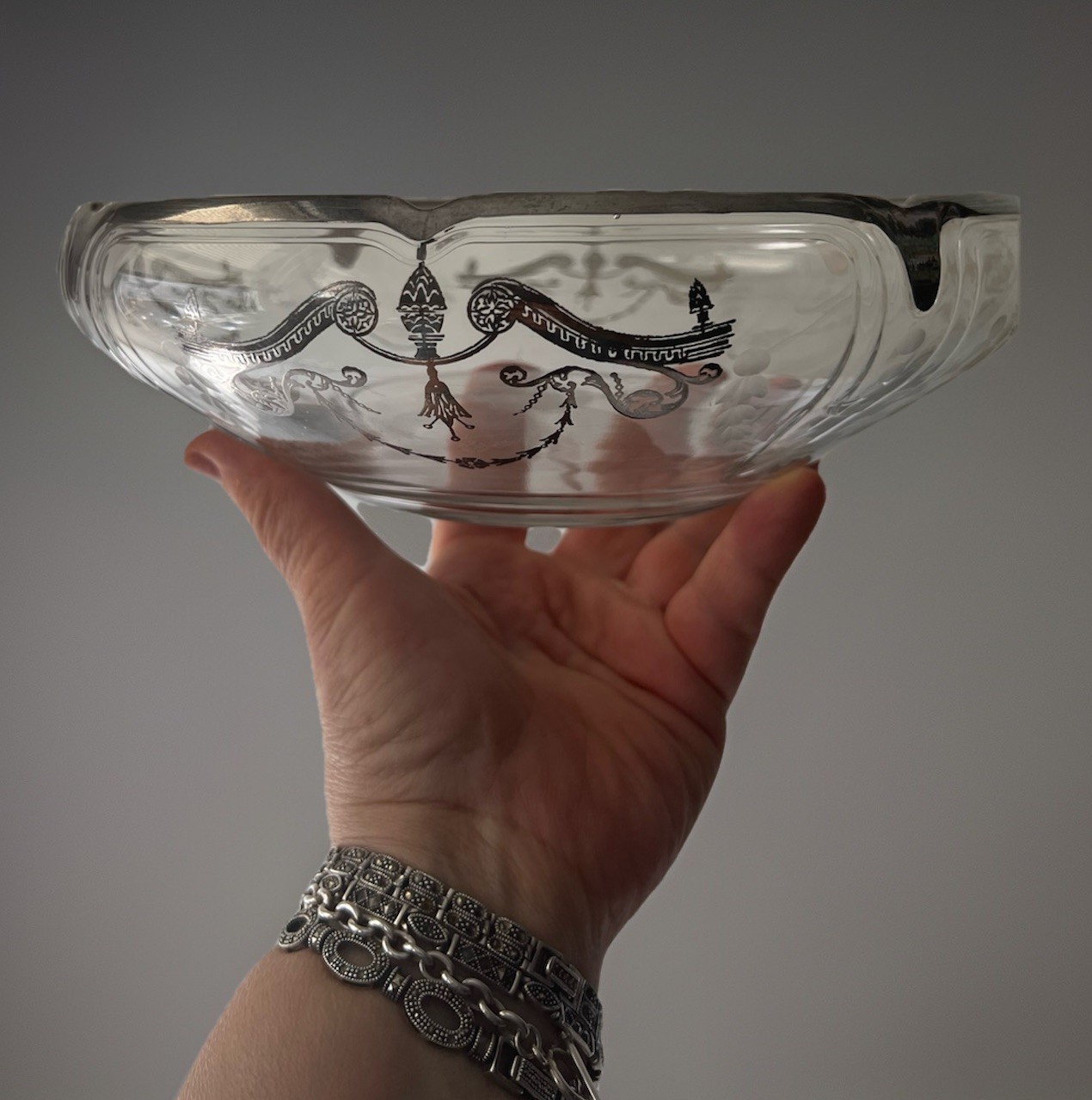 Antique Edwardian Bowl 9” in Diameter With Sterling Silver Inlay Etched 1900’s