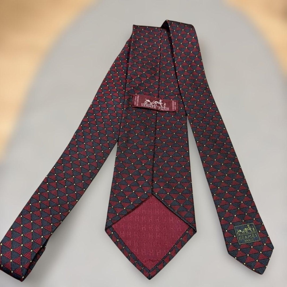 HERMES Silk Tie Red Navy Diamond Pattern