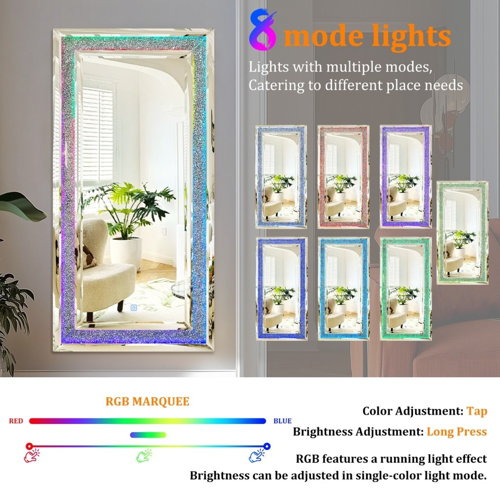 LED Crushed Diamond Mirror 48x24 inch Rectangular Crystal Vanity with RGB Lights