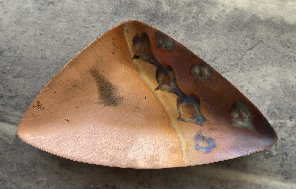 Signed 2004 Patrick Shannon Hand Crafted Abstract Copper Art Triangle Tray 8"x5"