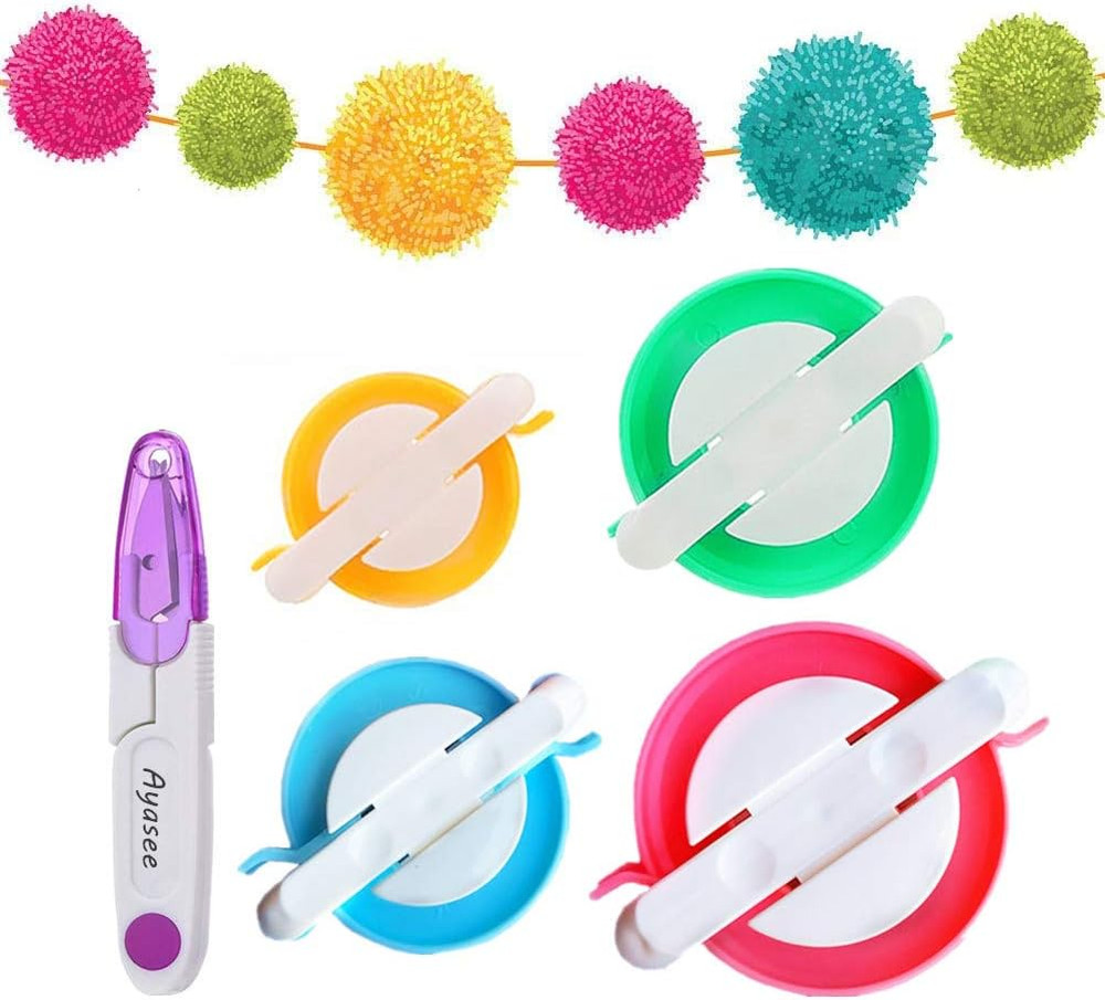 Pom Pom Maker Set 4 Sizes DIY Wool Fluff Ball Knitting Craft Tool + Scissors