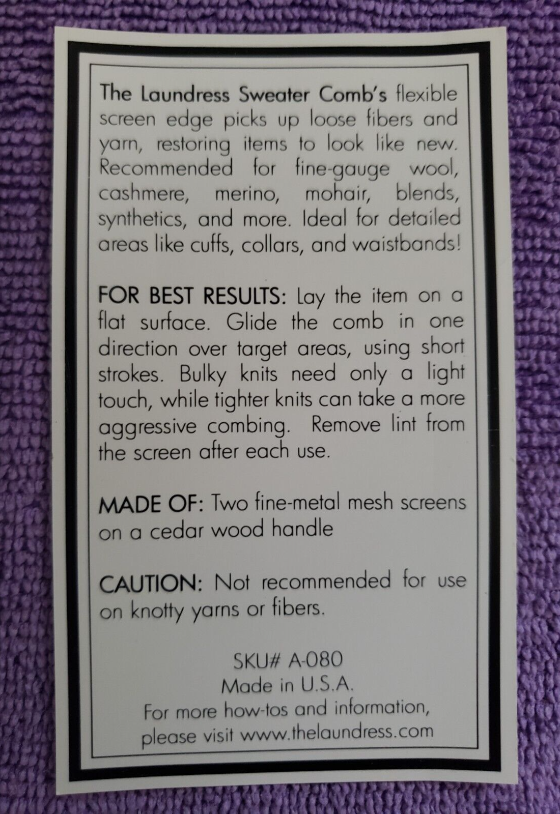 The Laundress New York - SWEATER COMB and STONE - Removes Pills, lint & Fuzz