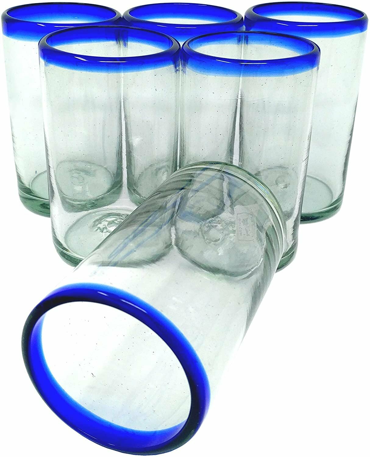 Hand Blown Mexican Drinking Glasses – Set of 6 Glasses with Cobalt Blue Rims...