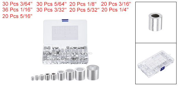 220pcs Aluminum Crimping Wire Rope Stop Sleeve 9 Size 3/64"-5/16" Round Ferrule