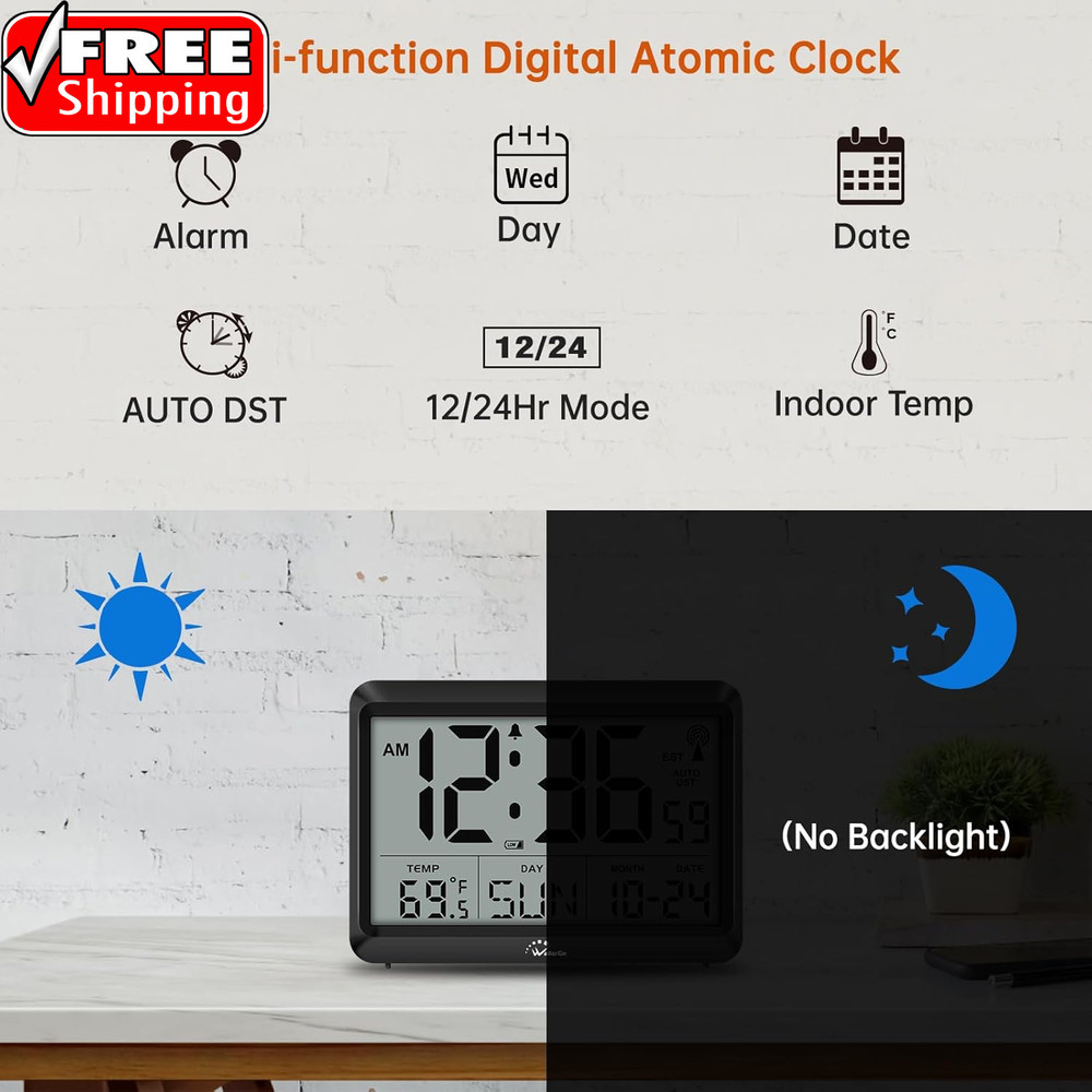 Atomic Digital Wall Clock Battery Operated, Self-Setting, Large Display with Tem