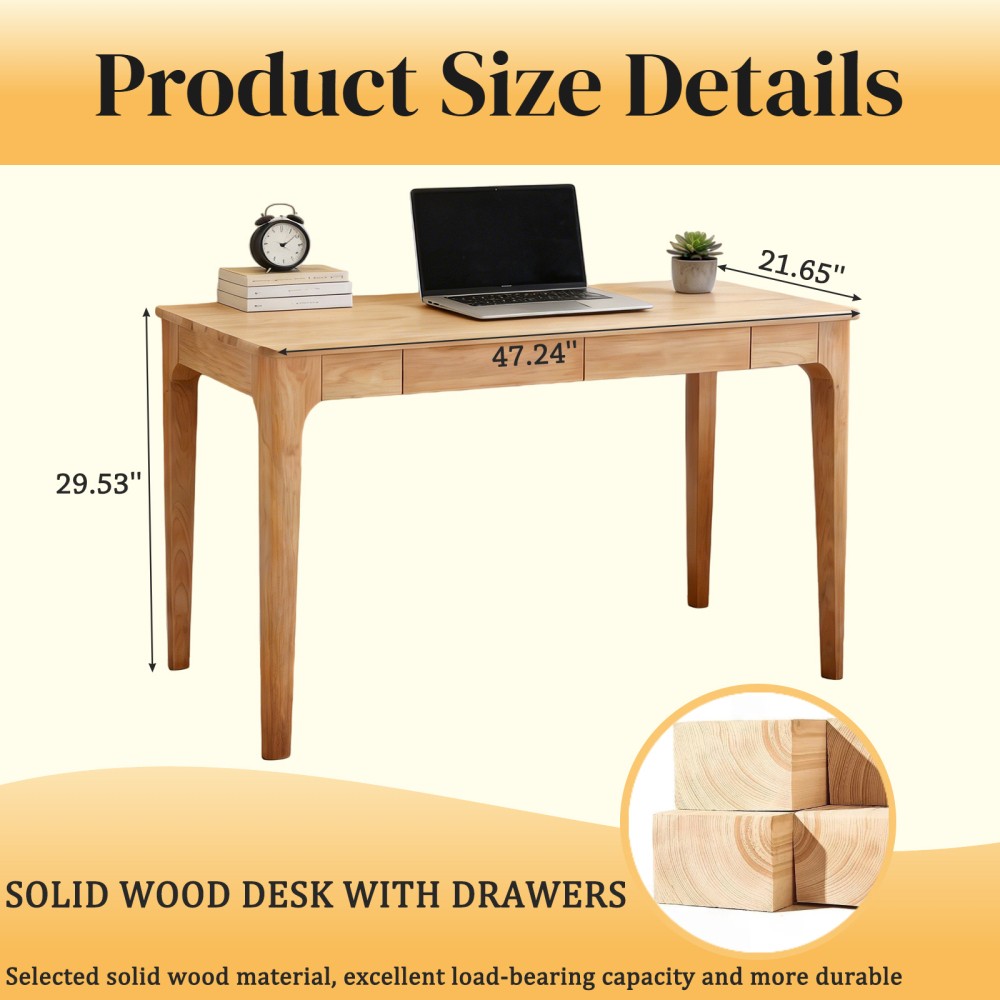 Solid Wood Desk with Drawers, Standing Desk with Smooth Edges, Home Office Desk