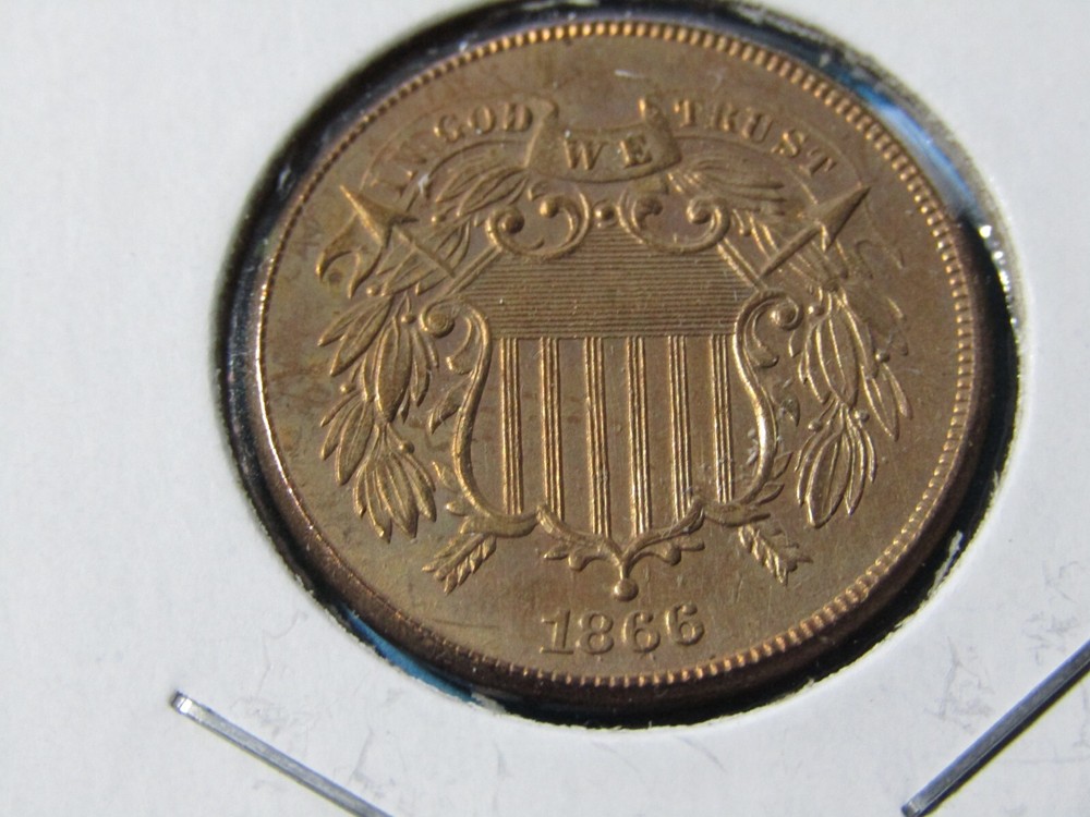 1866-P Two Cent Piece 2C Broadstrike Error - Uncirculated+